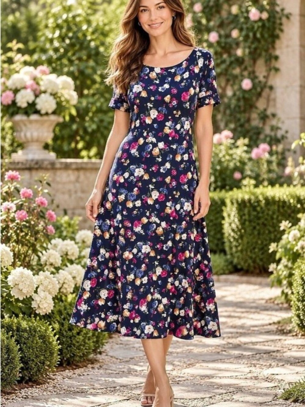 Lauren Ralph Lauren Floral Midi Dress in Blue Size Large